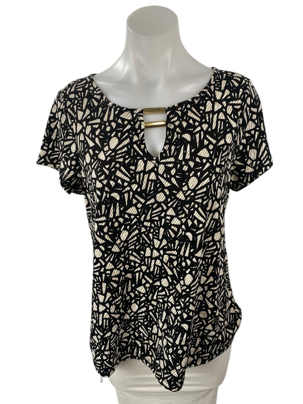 80 Park Black Geometric Round Neck Keyhole Short Cap Sleeve T-Shirt Blouse Top L